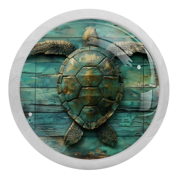 PhooArto Sea Turtle on Teal Wooden 4 PCS Crystal Glass Cabinet Knobs, Drawer Kitchen Cabinets Dresser Cupboard Wardrobe Pulls Handle - Glowing in the Dark
