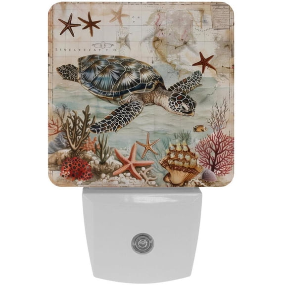 PhooArto Sea Turtle Vintage Map Plug in LED Night Light Auto Sensor Dusk to Dawn Decorative Night for Bedroom, Bathroom, Kitchen, Hallway, Stairs, Baby's Room, Energy Saving