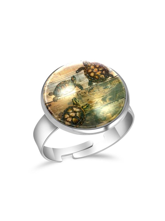 Sea Turtles on Wood Board Stainless Steel Rings for Women, Open Adjustable Ring Promise Ring Jewelry Gifts