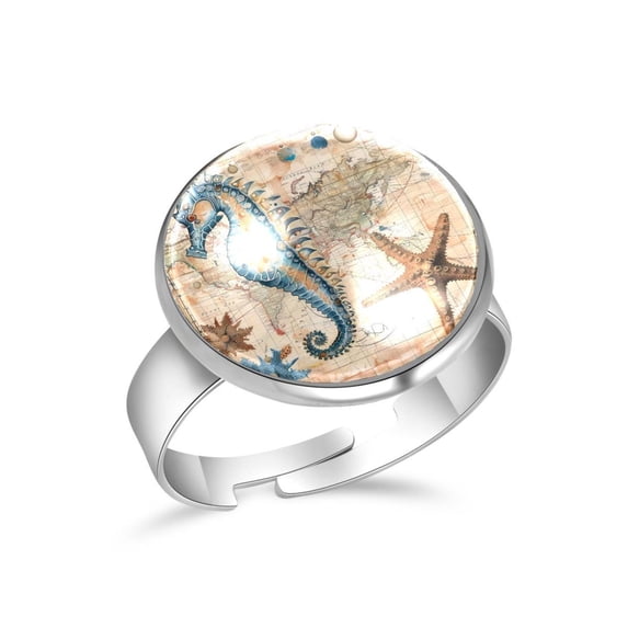 PhooArto Seahorse Starfish and Map Stainless Steel Rings for Women, Open Adjustable Ring Promise Ring Jewelry Gifts