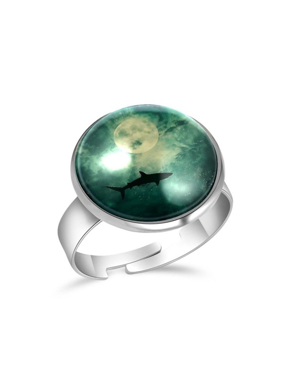 Shark on Night Stainless Steel Rings for Women, Open Adjustable Ring Promise Ring Jewelry Gifts