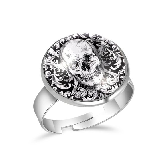 PhooArto Skull Flower Pattern Stainless Steel Rings for Women, Open Adjustable Ring Promise Ring Jewelry Gifts