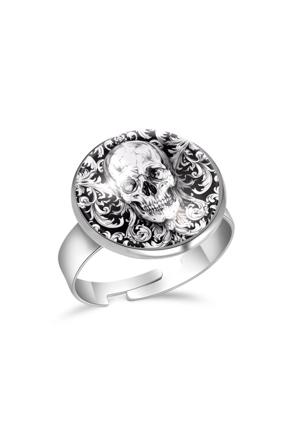 Skull Flower Pattern Stainless Steel Rings for Women, Open Adjustable Ring Promise Ring Jewelry Gifts