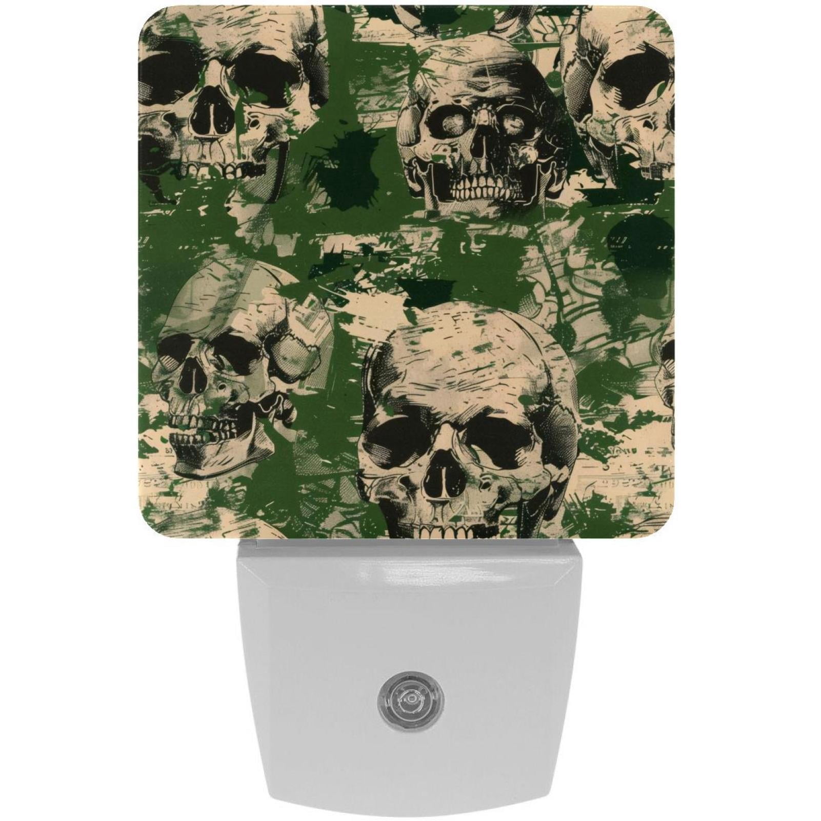 PhooArto Skull Green Camouflage Pattern Plug in LED Night Light Auto Sensor Dusk to Dawn Decorative Night for Bedroom, Bathroom, Kitchen, Hallway, Stairs, Baby's Room, Energy Saving