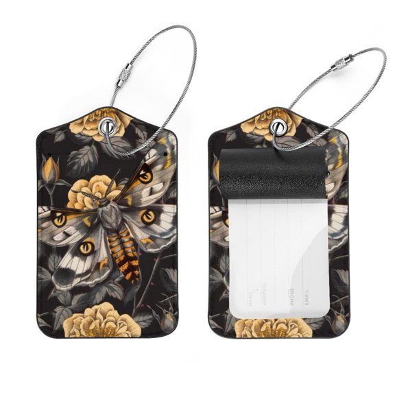 PhooArto Skull Hawk Moth Flower Pattern Luggage Tags with Stainless Steel Loop, 2 Pack Luggage Tag Holders for Travel Luggage Baggage Identifier