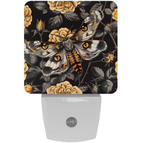 PhooArto Skull Hawk Moth Flower Pattern Plug in LED Night Light Auto Sensor Dusk to Dawn Decorative Night for Bedroom, Bathroom, Kitchen, Hallway, Stairs, Baby's Room, Energy Saving