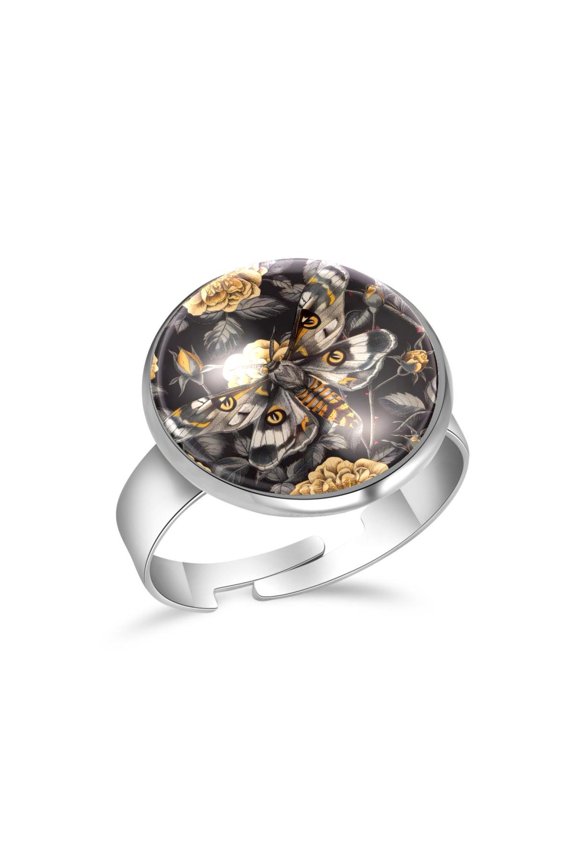 Skull Hawk Moth Flower Pattern Stainless Steel Rings for Women, Open Adjustable Ring Promise Ring Jewelry Gifts