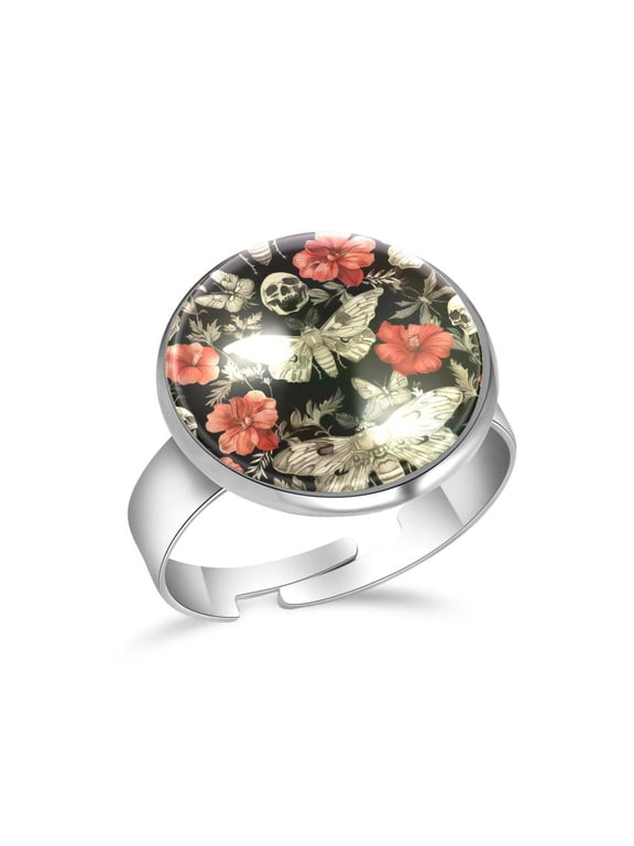 Skull Hawk Moth Flower Pattern Stainless Steel Rings for Women, Open Adjustable Ring Promise Ring Jewelry Gifts