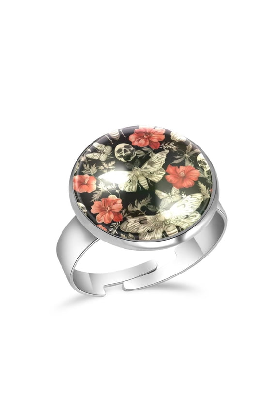 Skull Hawk Moth Flower Pattern Stainless Steel Rings for Women, Open Adjustable Ring Promise Ring Jewelry Gifts
