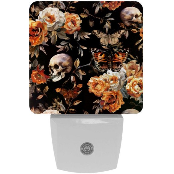 PhooArto Skull Hawk Moth Rose Flower Pattern Plug in LED Night Light Auto Sensor Dusk to Dawn Decorative Night for Bedroom, Bathroom, Kitchen, Hallway, Stairs, Baby's Room, Energy Saving