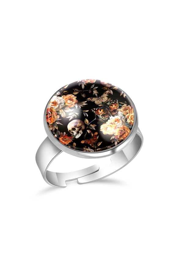 Skull Hawk Moth Rose Flower Pattern Stainless Steel Rings for Women, Open Adjustable Ring Promise Ring Jewelry Gifts