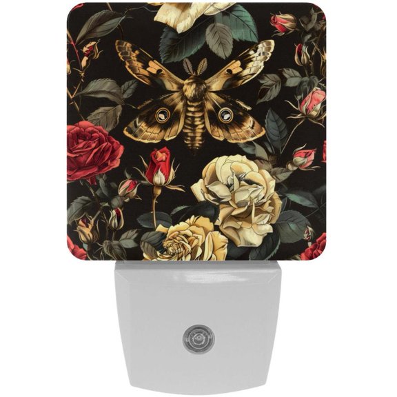 PhooArto Skull Hawk Moth Rose Flower Plug in LED Night Light Auto Sensor Dusk to Dawn Decorative Night for Bedroom, Bathroom, Kitchen, Hallway, Stairs, Baby's Room, Energy Saving