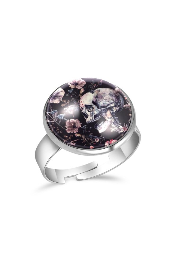 Skull Pink Flowers Pattern Stainless Steel Rings for Women, Open Adjustable Ring Promise Ring Jewelry Gifts
