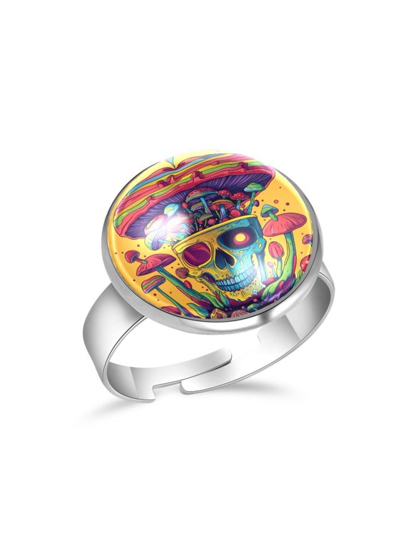 Skull Rainbow Mushrooms Stainless Steel Rings for Women, Open Adjustable Ring Promise Ring Jewelry Gifts