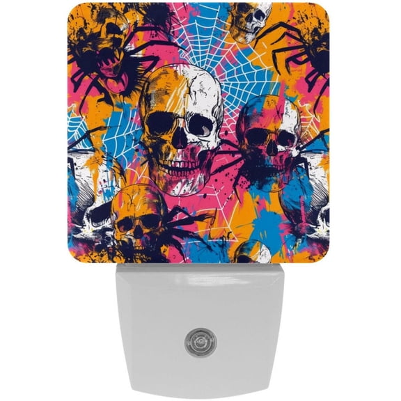 PhooArto Skulls Spider Spiderweb Pattern Plug in LED Night Light Auto Sensor Dusk to Dawn Decorative Night for Bedroom, Bathroom, Kitchen, Hallway, Stairs, Baby's Room, Energy Saving