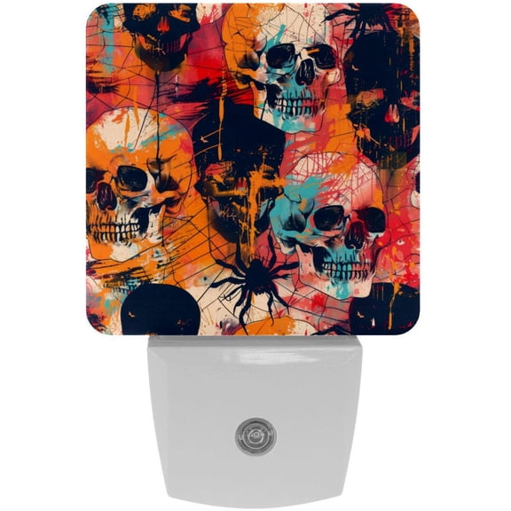PhooArto Skulls Spiders Pattern Plug in LED Night Light Auto Sensor Dusk to Dawn Decorative Night for Bedroom, Bathroom, Kitchen, Hallway, Stairs, Baby's Room, Energy Saving