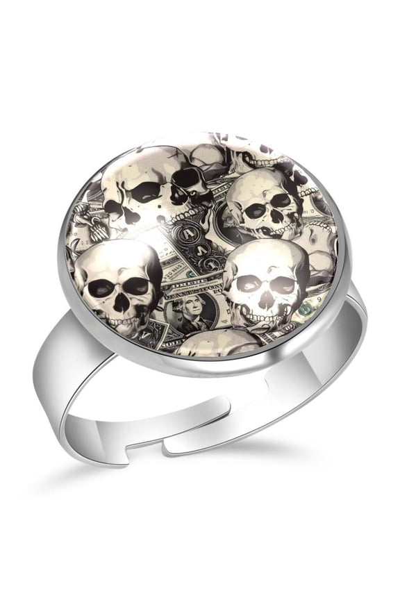 Skulls and Dollar Patterns Stainless Steel Rings for Women, Open Adjustable Ring Promise Ring Jewelry Gifts