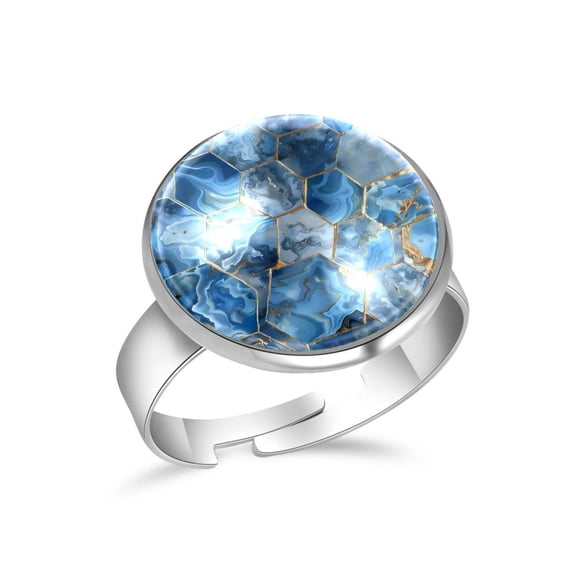 PhooArto Sky Blue Honeycomb Marble Pattern Stainless Steel Rings for Women, Open Adjustable Ring Promise Ring Jewelry Gifts