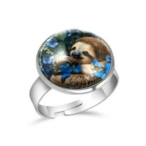 PhooArto Sloth Blue Butterflies Stainless Steel Rings for Women, Open Adjustable Ring Promise Ring Jewelry Gifts