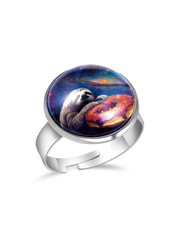 Sloth Donut Galaxy Stainless Steel Rings for Women, Open Adjustable Ring Promise Ring Jewelry Gifts