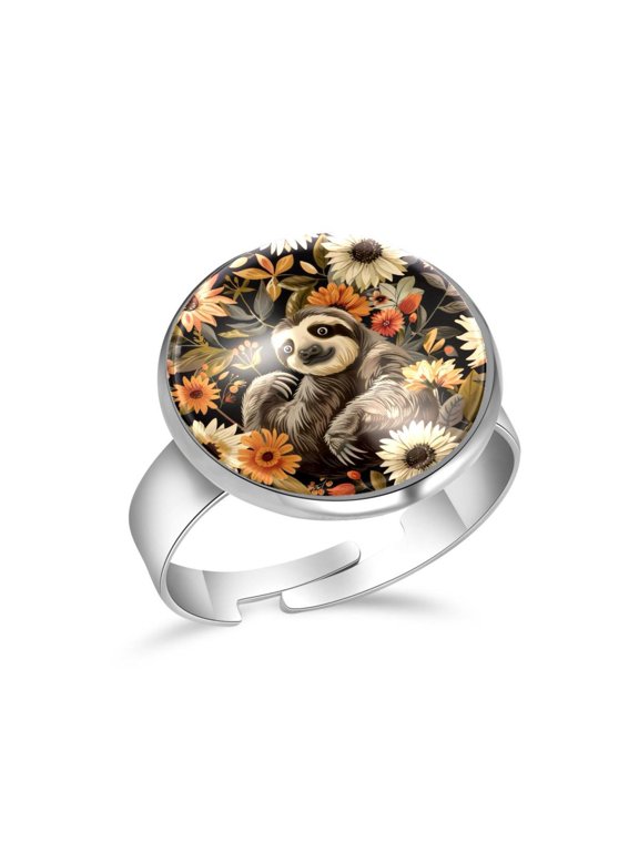 Sloth Floral Pattern Stainless Steel Rings for Women, Open Adjustable Ring Promise Ring Jewelry Gifts