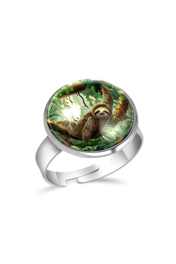 Sloth Jungle Rainforest Stainless Steel Rings for Women, Open Adjustable Ring Promise Ring Jewelry Gifts