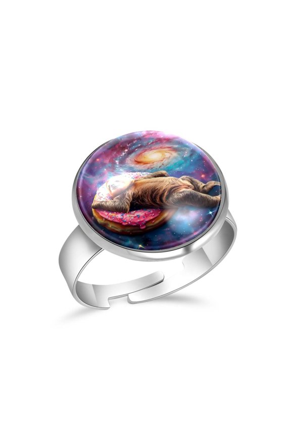 Sloth Lying Donut Galaxy Stainless Steel Rings for Women, Open Adjustable Ring Promise Ring Jewelry Gifts
