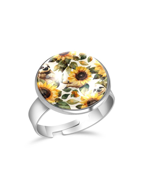 Sloth Sunflower Pattern Stainless Steel Rings for Women, Open Adjustable Ring Promise Ring Jewelry Gifts