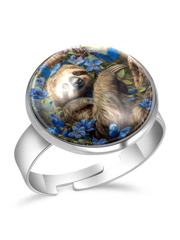 Sloth and Blue Butterflies Stainless Steel Rings for Women, Open Adjustable Ring Promise Ring Jewelry Gifts