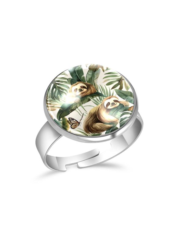 Sloths Palm Leaves Butterflies Stainless Steel Rings for Women, Open Adjustable Ring Promise Ring Jewelry Gifts