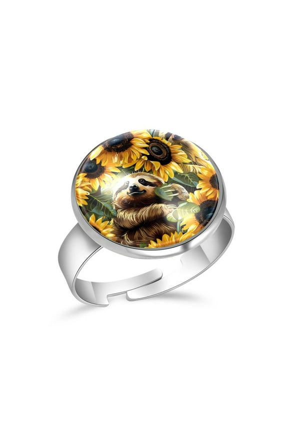 Sloths Sunflowers Pattern Stainless Steel Rings for Women, Open Adjustable Ring Promise Ring Jewelry Gifts