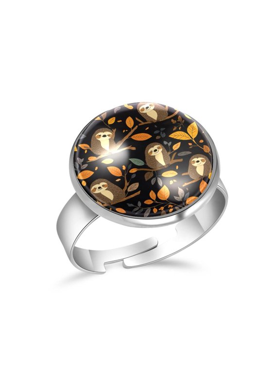 Sloths and Leaves Pattern Stainless Steel Rings for Women, Open Adjustable Ring Promise Ring Jewelry Gifts
