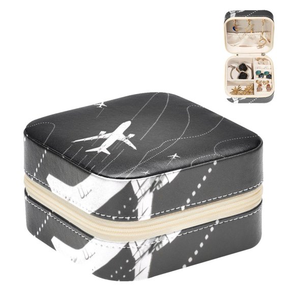 PhooArto Small Jewellery Box, Airplane with Dashed Path Lines Portable Travel Mini Jewelry Case for Women Leather Ring Organizer