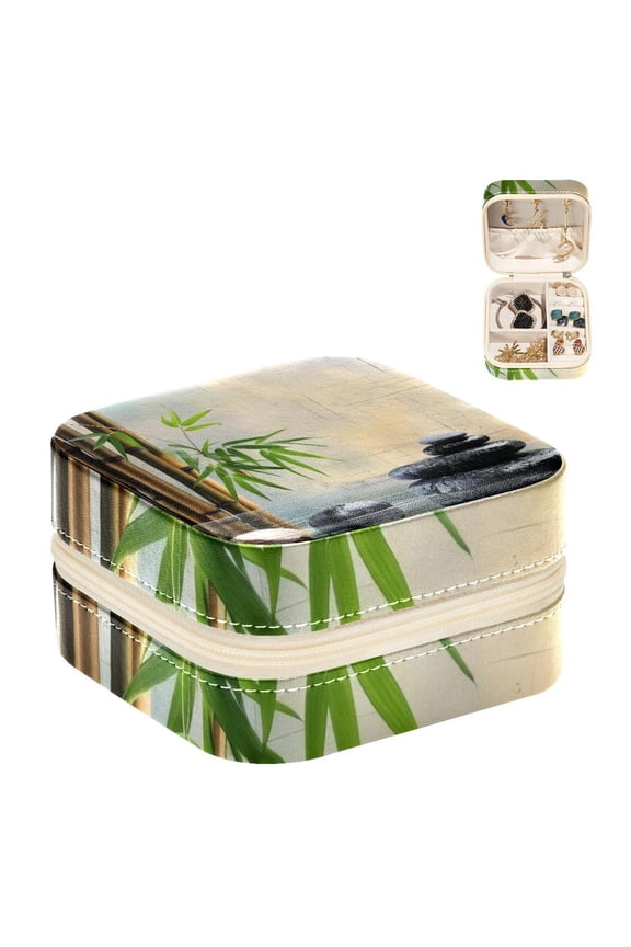 Small Jewellery Box, Bamboo and Zen Stones Portable Travel Mini Jewelry Case for Women Leather Ring Organizer