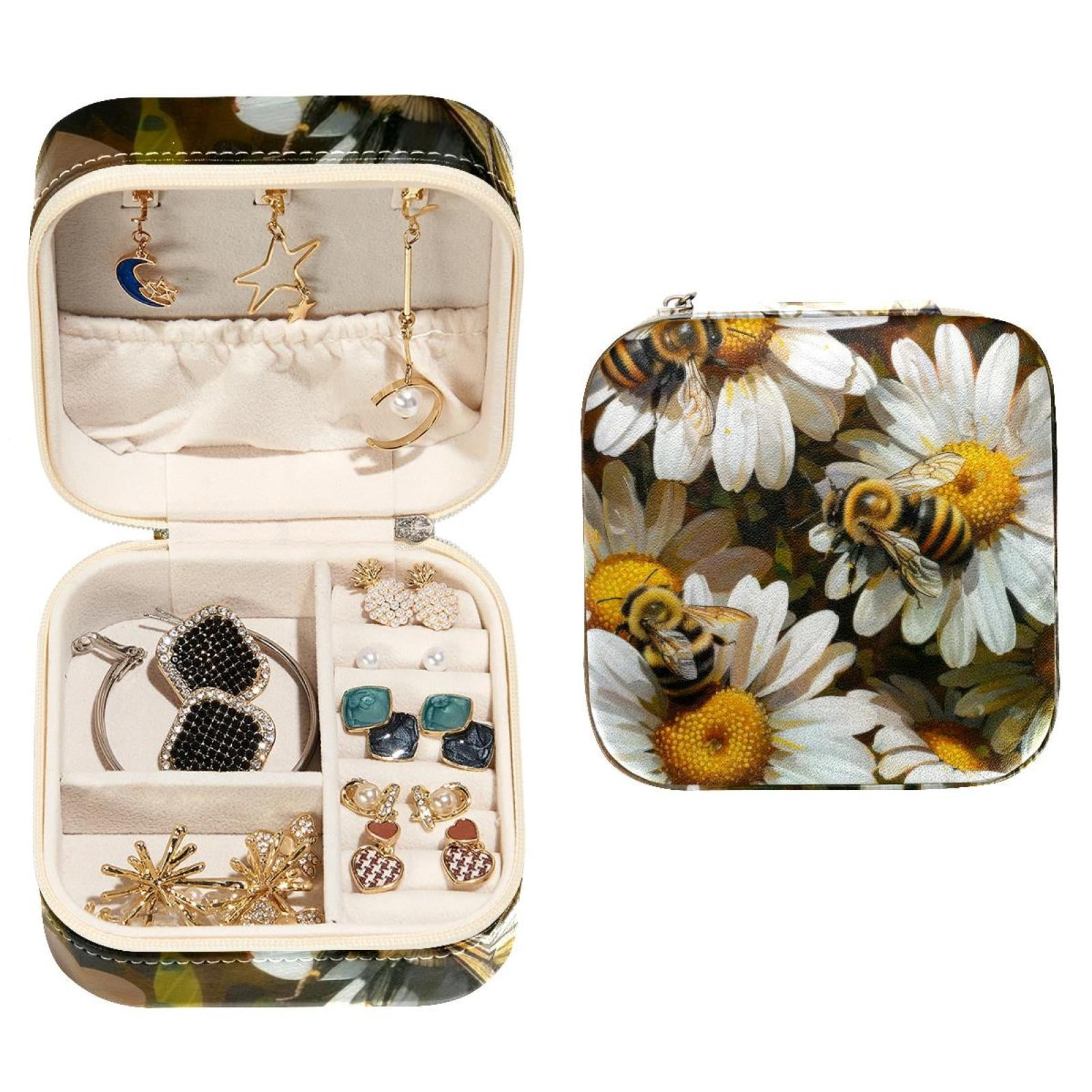 PhooArto Small Jewellery Box, Bees and Daisy Flowers Portable Travel Mini Jewelry Case for Women Leather Ring Organizer