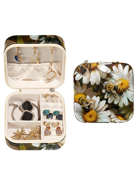 Small Jewellery Box, Bees and Daisy Flowers Portable Travel Mini Jewelry Case for Women Leather Ring Organizer