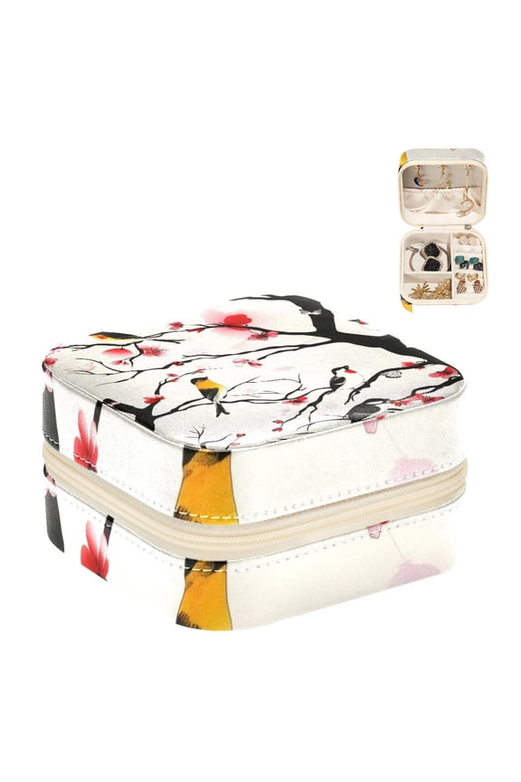 Small Jewellery Box, Birds and Butterfly in Tree Pattern Portable Travel Mini Jewelry Case for Women Leather Ring Organizer