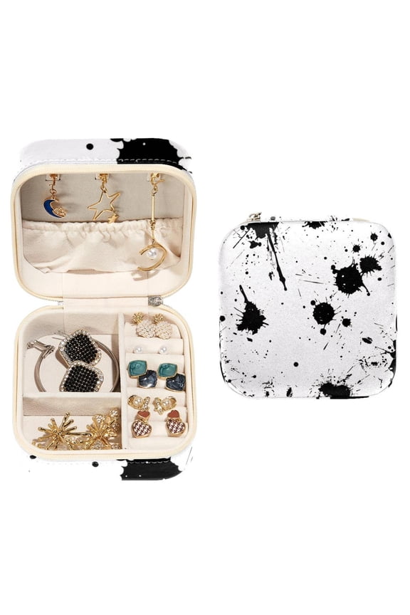 Small Jewellery Box, Black Ink Splatter Dots Pattern Portable Travel Mini Jewelry Case for Women Leather Ring Organizer