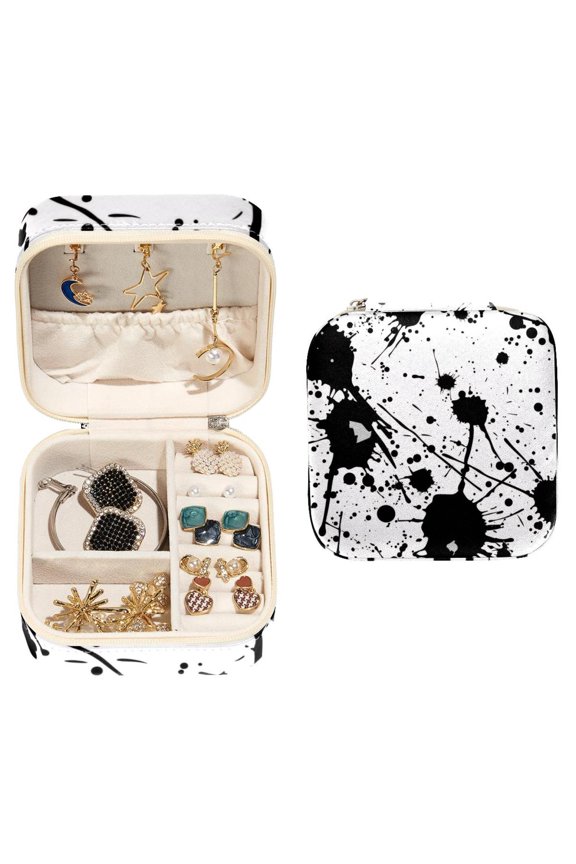 Small Jewellery Box, Black Ink Splatter Dots Portable Travel Mini Jewelry Case for Women Leather Ring Organizer