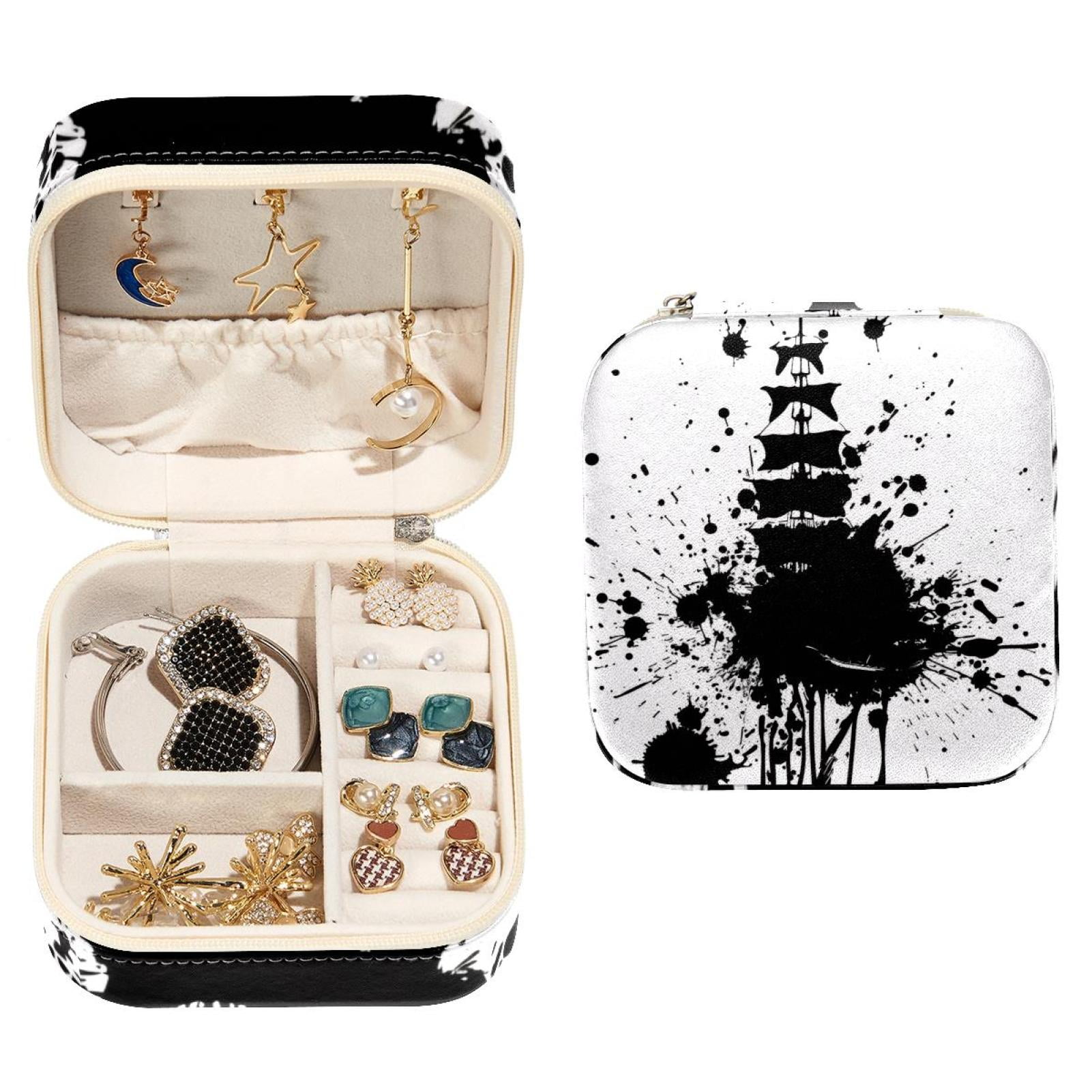 PhooArto Small Jewellery Box, Black Ink Splatter Dots Ship Portable Travel Mini Jewelry Case for Women Leather Ring Organizer