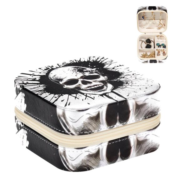 PhooArto Small Jewellery Box, Black Splash Skull Pattern Portable Travel Mini Jewelry Case for Women Leather Ring Organizer