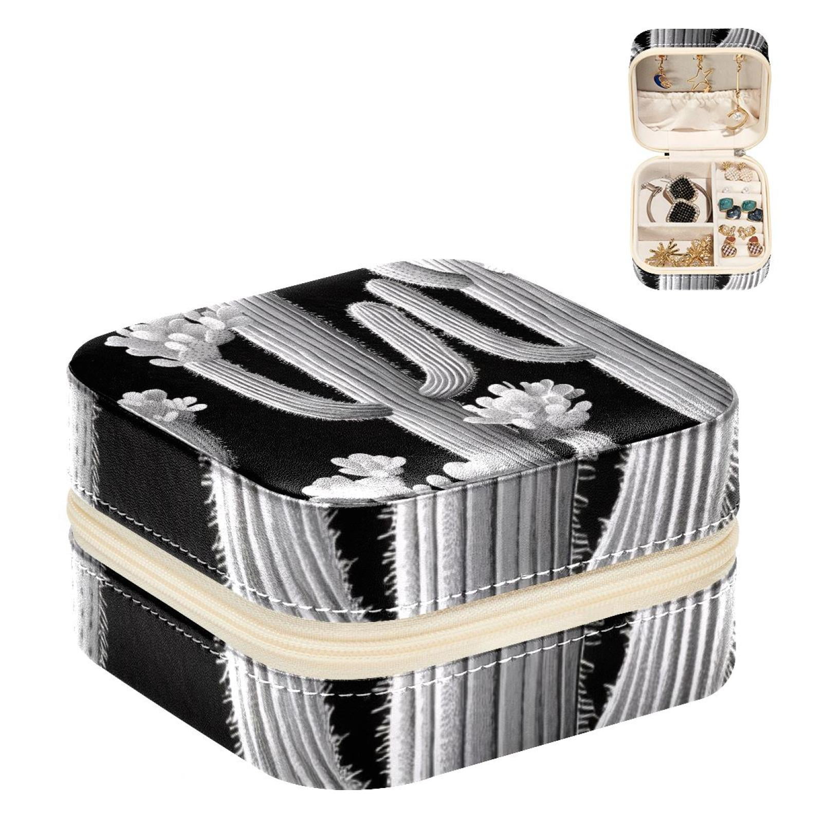 PhooArto Small Jewellery Box, Black White Flowers Cactus Pattern Portable Travel Mini Jewelry Case for Women Leather Ring Organizer