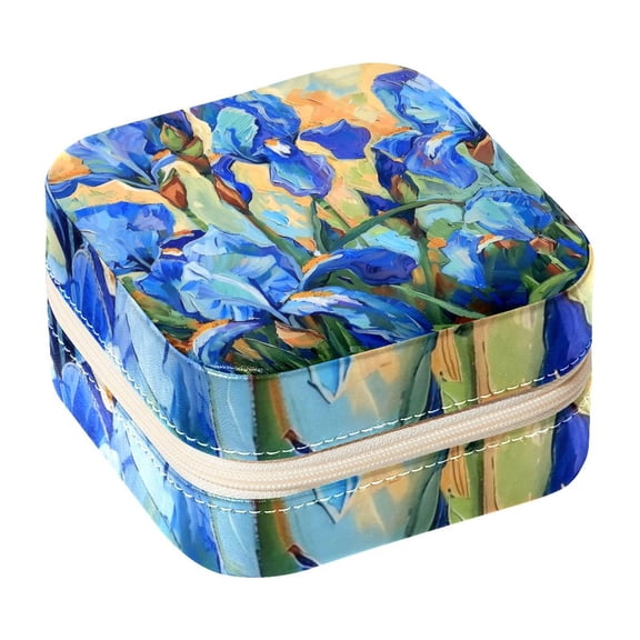 PhooArto Small Jewellery Box, Blue Blue Irises Art Painting Portable Travel Mini Jewelry Case for Women Leather Ring Organizer
