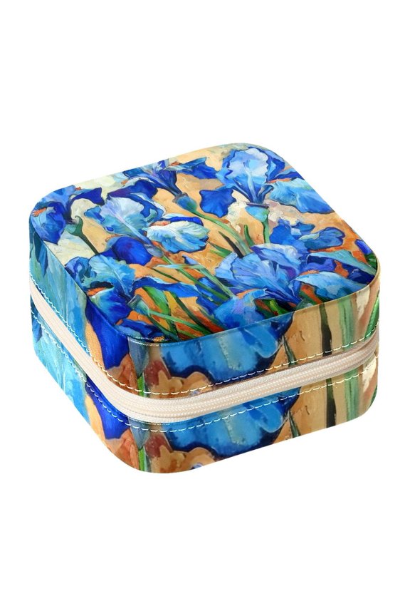 Small Jewellery Box, Blue Irises Painting Portable Travel Mini Jewelry Case for Women Leather Ring Organizer