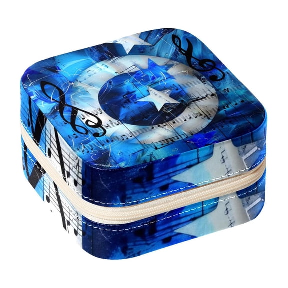 PhooArto Small Jewellery Box, Blue Music Notes Stars Portable Travel Mini Jewelry Case for Women Leather Ring Organizer