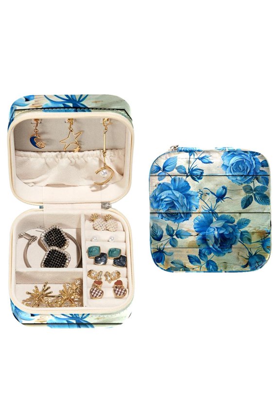 Small Jewellery Box, Blue Rose Rustic Wood Pattern Portable Travel Mini Jewelry Case for Women Leather Ring Organizer