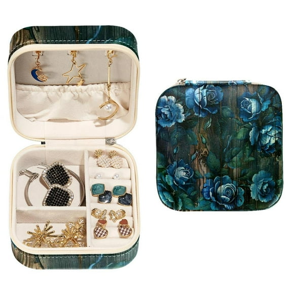 PhooArto Small Jewellery Box, Blue Roses Pattern Rustic Wooden Portable Travel Mini Jewelry Case for Women Leather Ring Organizer