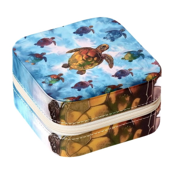 PhooArto Small Jewellery Box, Blue Tie Dye Turtle Portable Travel Mini Jewelry Case for Women Leather Ring Organizer