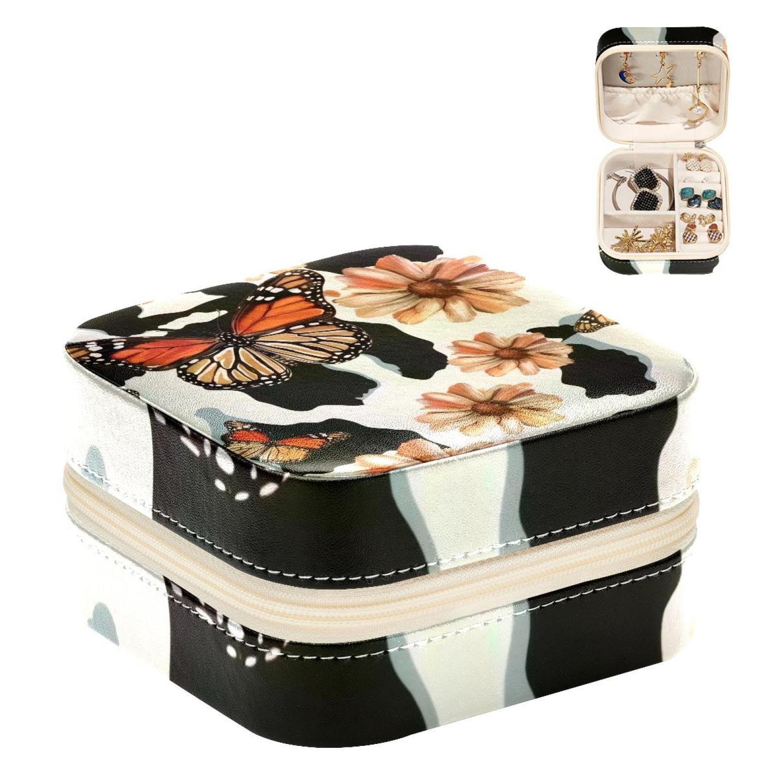 PhooArto Small Jewellery Box, Butterfly Pattern and Cow Print Portable Travel Mini Jewelry Case for Women Leather Ring Organizer