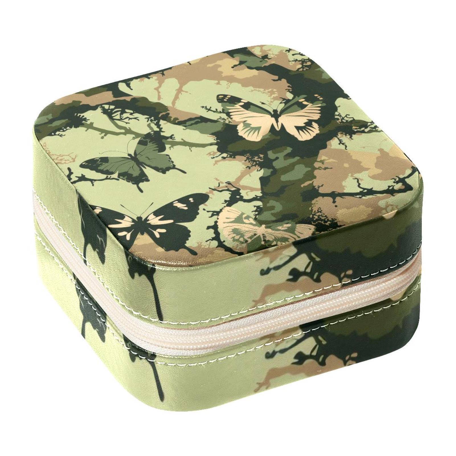 PhooArto Small Jewellery Box, Camouflage Butterflies Pattern Portable Travel Mini Jewelry Case for Women Leather Ring Organizer